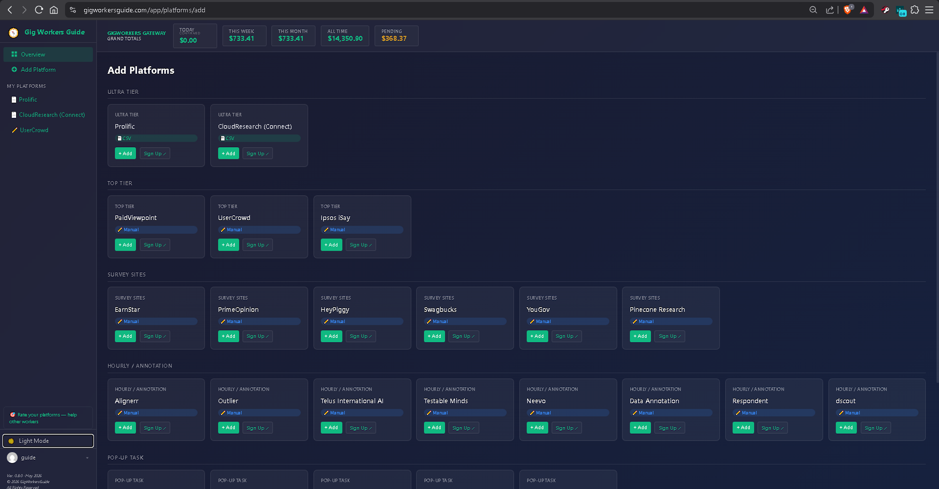 Add Platforms screen shown in dark mode