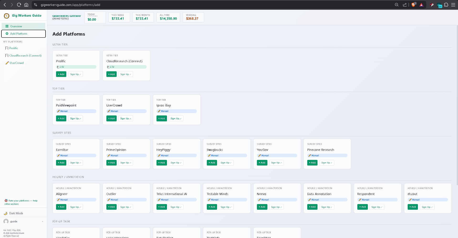 Add Platforms screen shown in light mode