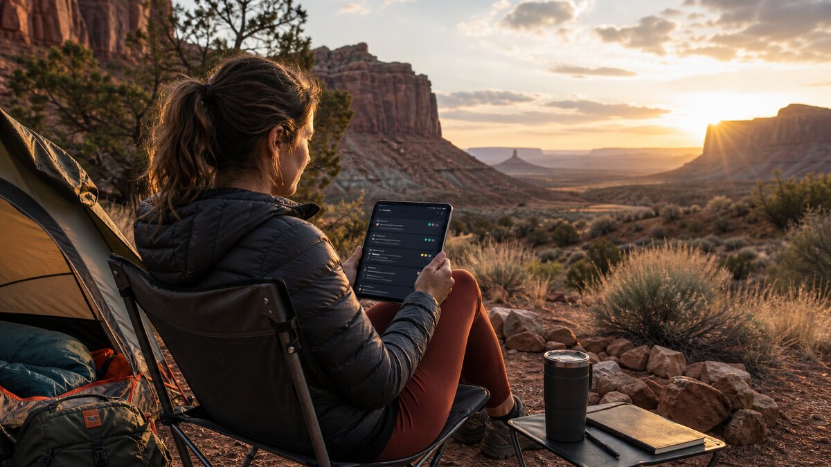 Gig worker reading Daily Gig News on a tablet beside a tent in a western desert campsite