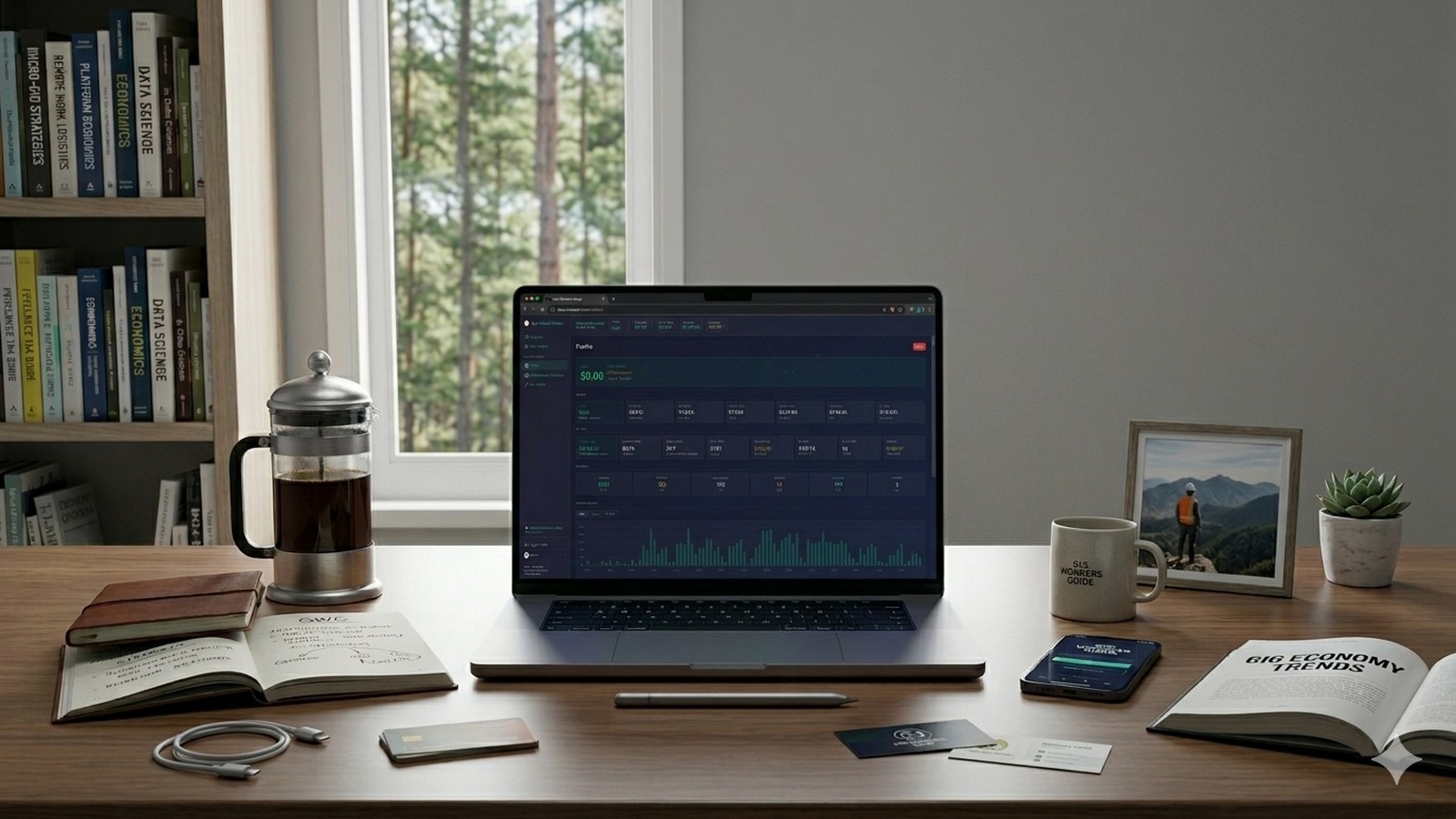Gig worker at a desk tracking income on Gig Workers Guide