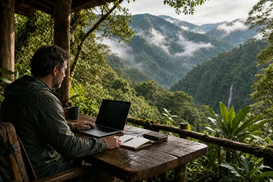 Independent worker using Gig Workers Guide from a rainforest mountain overlook